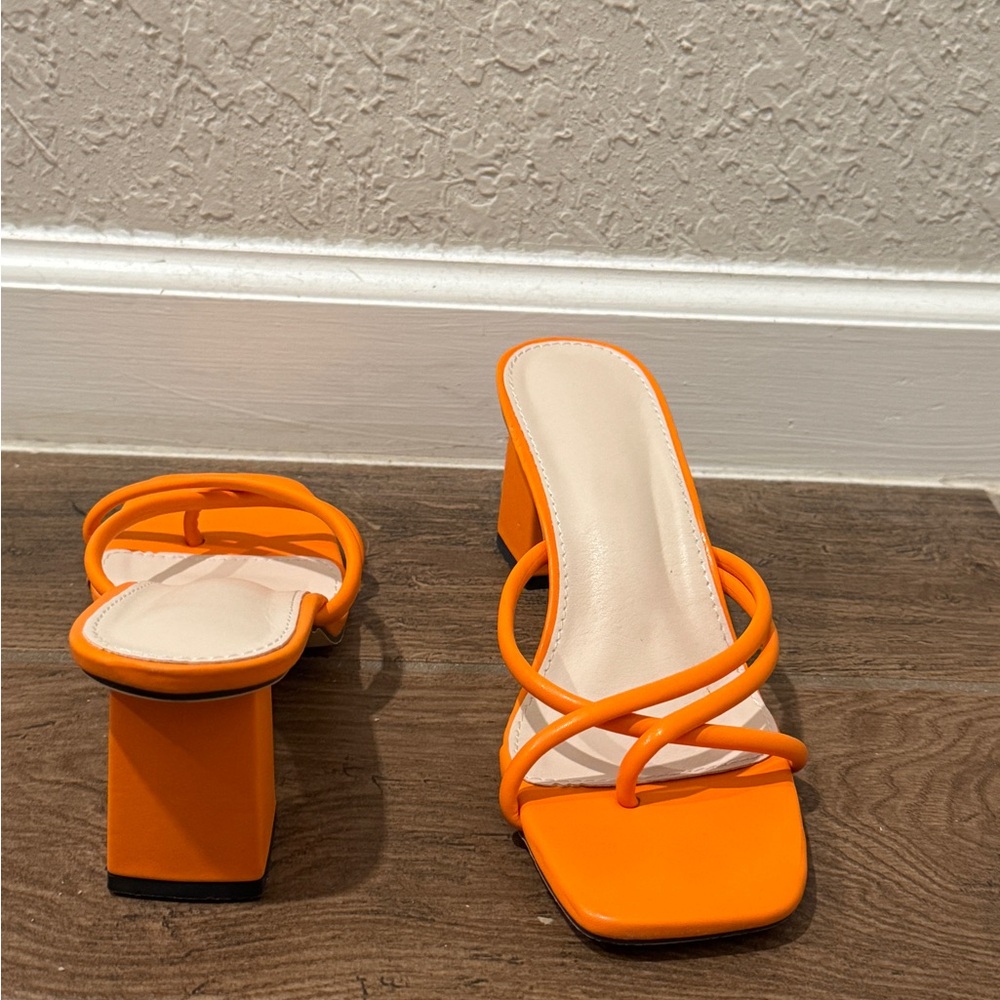 Orange Strappy Block Heel Sandals